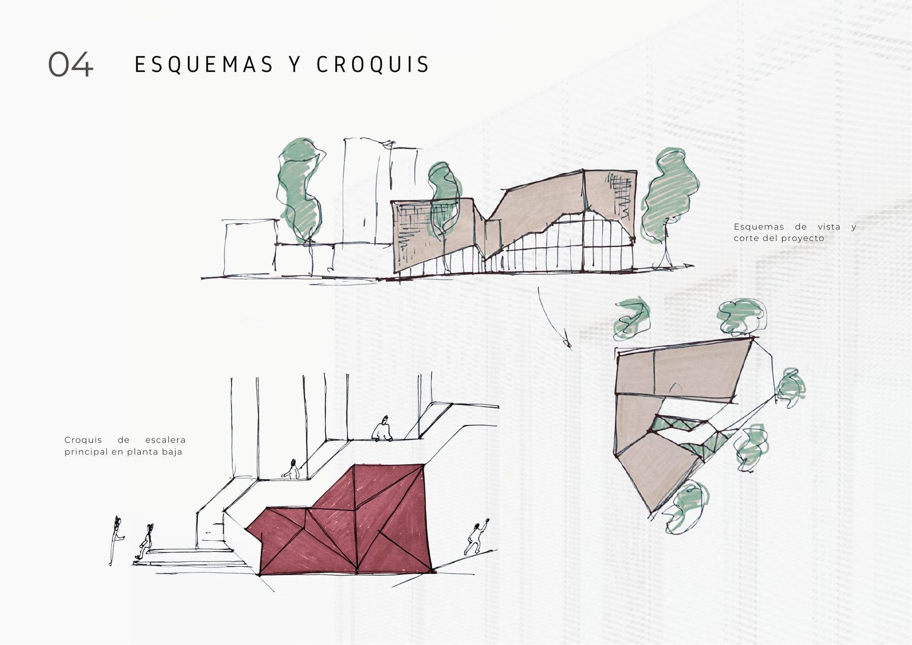 Esquemas de vista y corte, y croquis de la escalera principal en planta baja